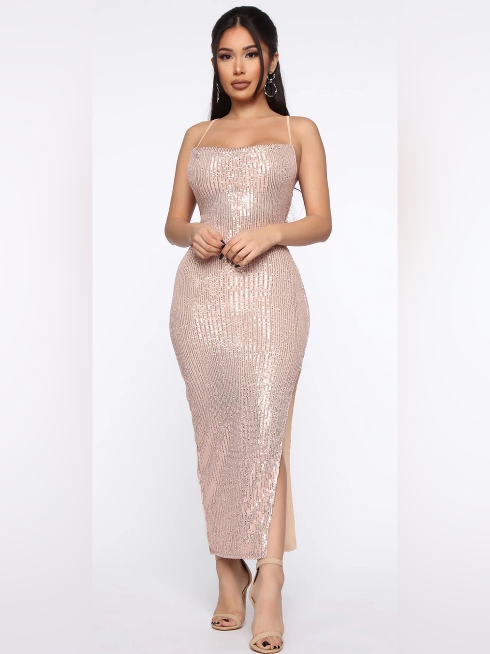 Fashion Nova Rose Gold Sequin Cowl Slip Dress